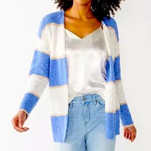 Nine West Open Front Slub Texture Cardigan in Blue Stripe